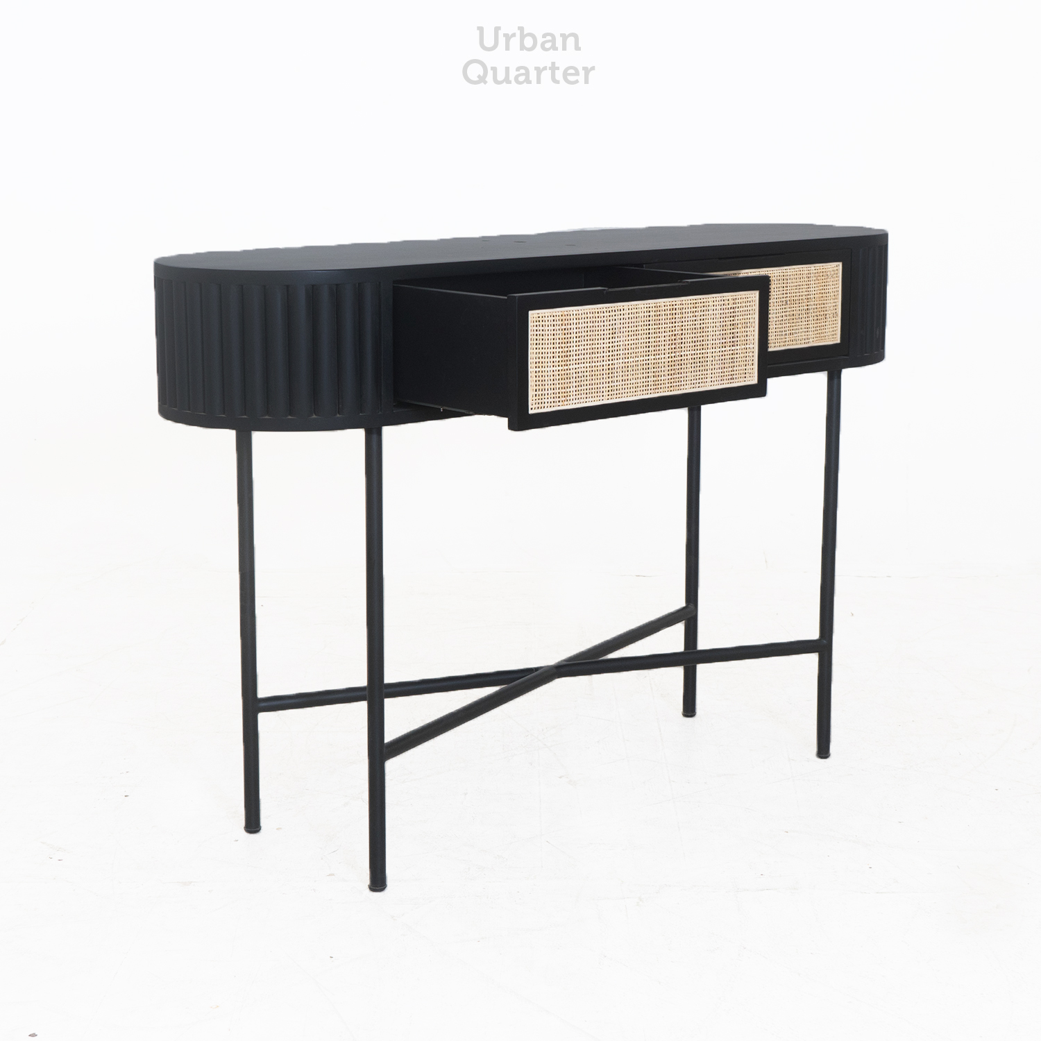 25.19062 CONSOLE TABLE 2 DRAWERS WITH TEAK WOOD + IRON BASE + RATTAN WEBBING-Overall.140x40x90cm (2)