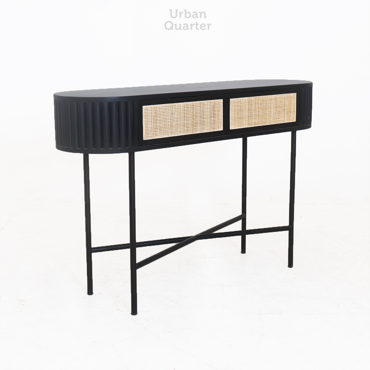 25.19062 CONSOLE TABLE 2 DRAWERS WITH TEAK WOOD + IRON BASE + RATTAN WEBBING-Overall.140x40x90cm