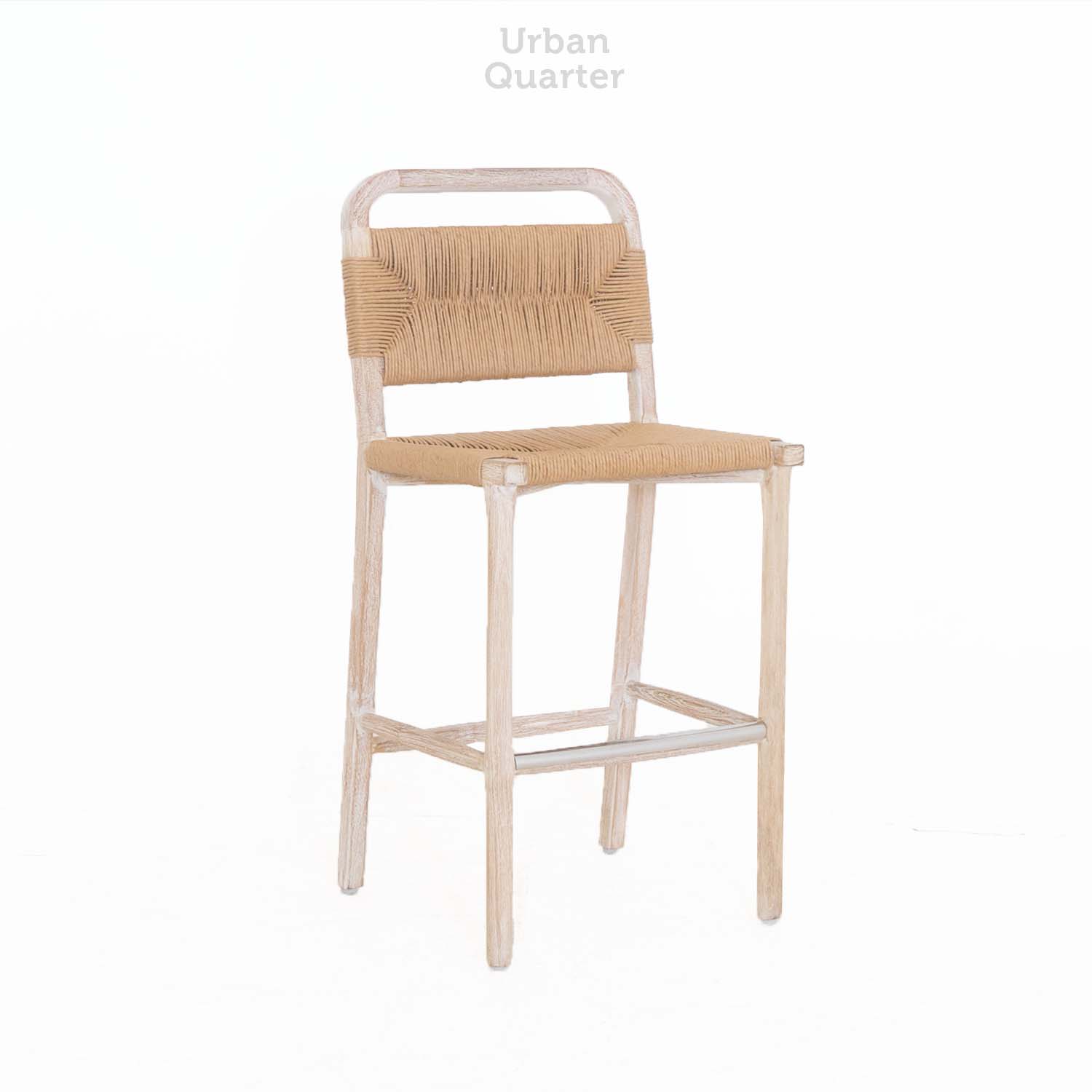 09.19487 BARSTOOL WITH TEAK In Light White Wash + Lloyd loom Natural-Overall.47x45x100cm.Seat.47x36x66cm